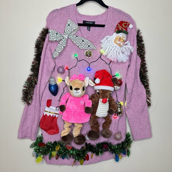 Ugly Christmas Sweater Rudolph LIGHTS UP Tacky Tinsel Xmas Party Winner Medium - Picture 1 of 5